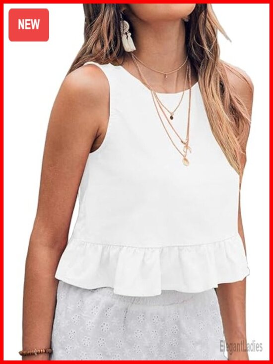 Tops - Women's Linen Tank Top Crewneck Ruffle Cropped Sleeveless Blouse